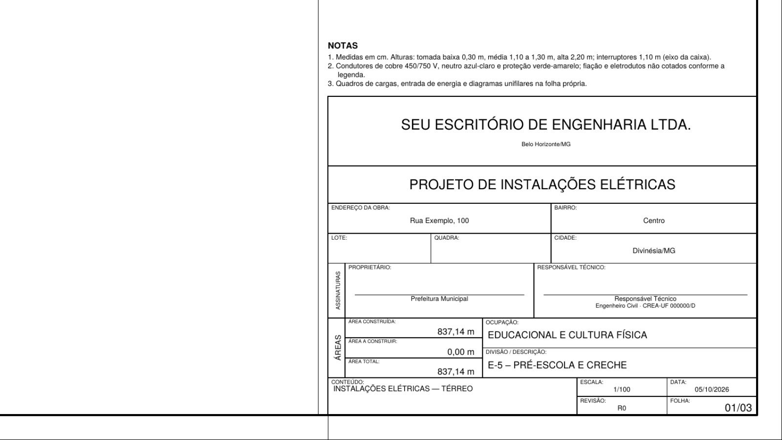 Carimbo de uma prancha do Engenna com os dados do escritório, da obra e do responsável técnico