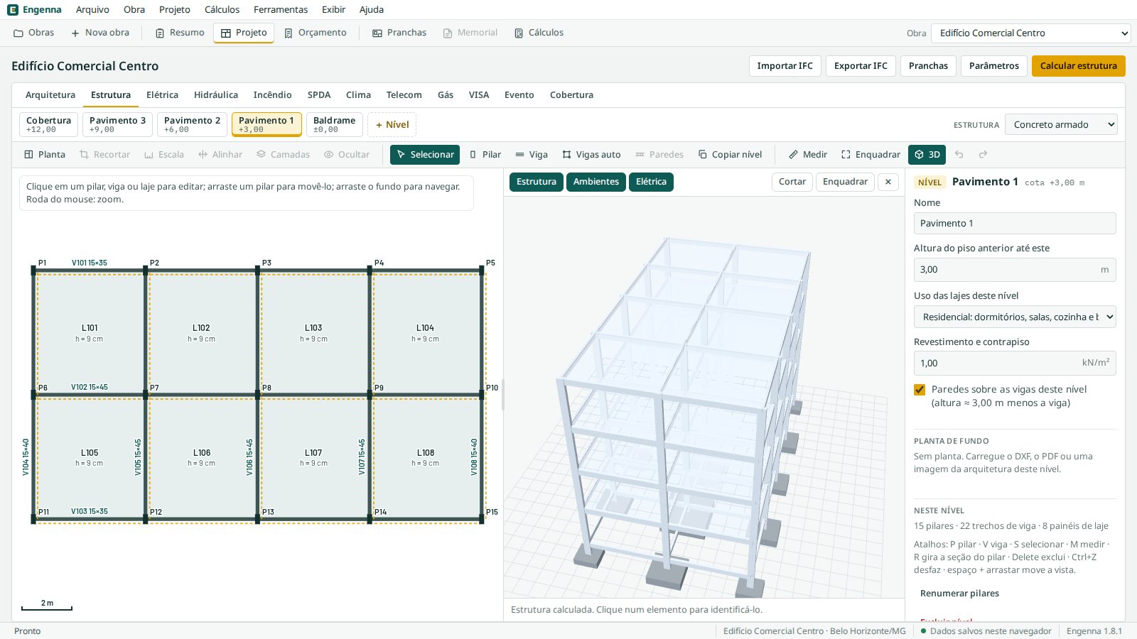 Edifício de três pavimentos com pilares, vigas, lajes e sapatas no modelo 3D do Engenna